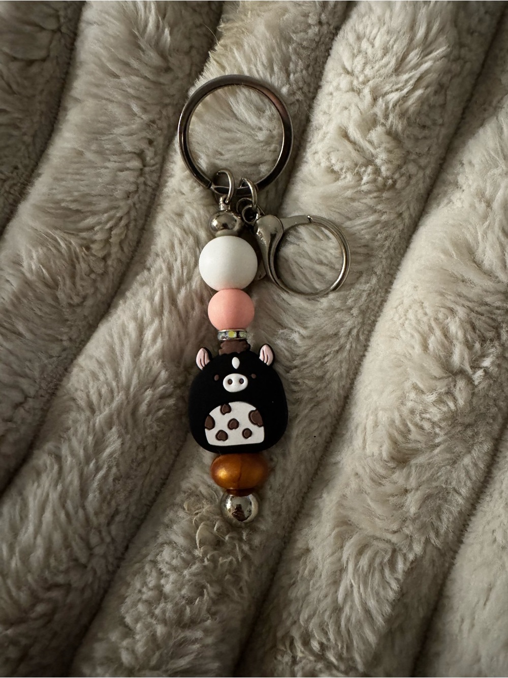 Cute Black & Pink Cow Charm Keychain with Bead Accents